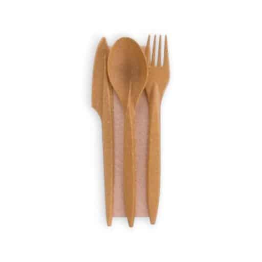 Vesela de Unica Folosinta Biodegradabila - Set Tris Fibră Lemnoasă, cutit+ furculită+lingură +șervetel  100 seturi