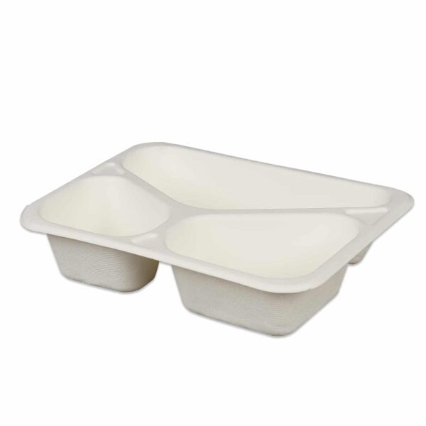 Caserole & Cutii Biodegradabile de Unica Folosinta - Tava Dreptunghiulara 3 Compartimente  Unica Folosinta Biodegradabila & Compostabila (50 buc/set) 227*178*50mm termosudabilă